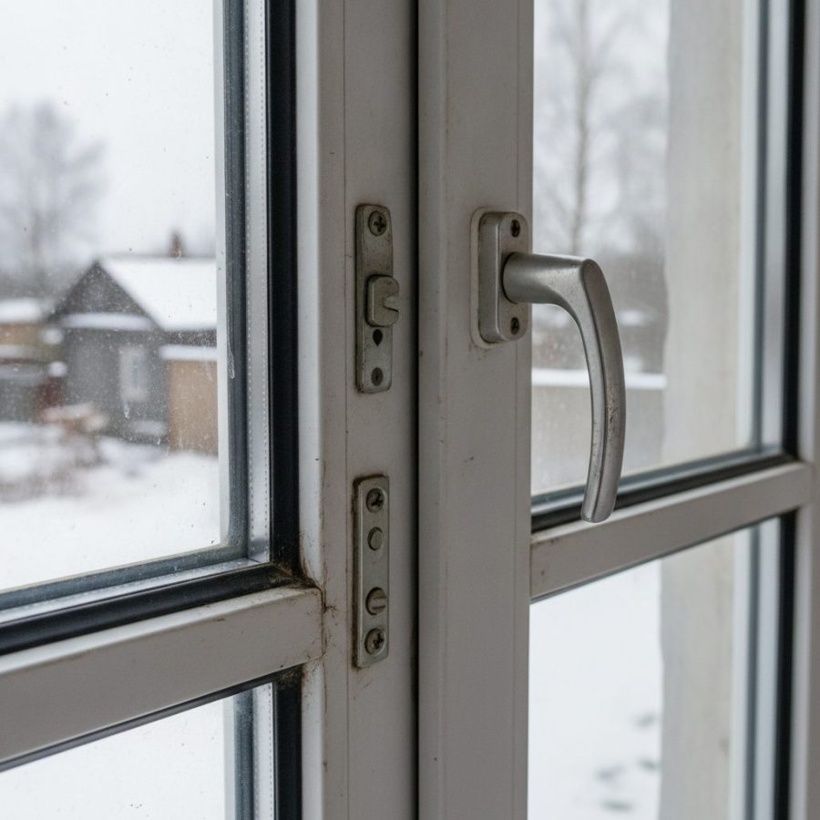 Окно ПВХ крупным планом, детали фурнитуры и уплотнителя